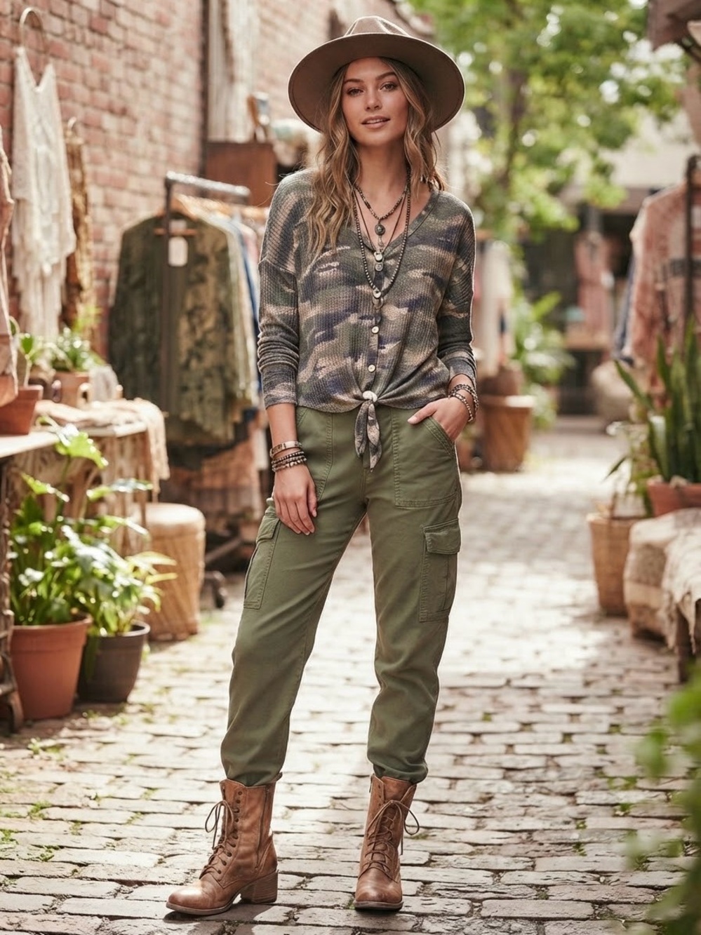 NWT Altar'd State Camo Waffle Knit Tie Front Thermal Top Cardigan Small Earthy